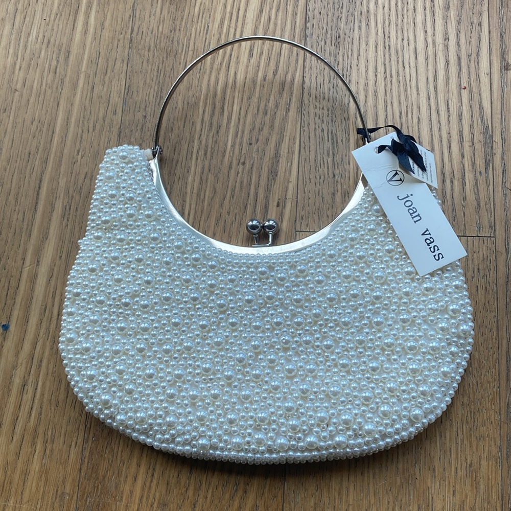 New Joan Vass Off-White Pearls Evening Handbag Cluth